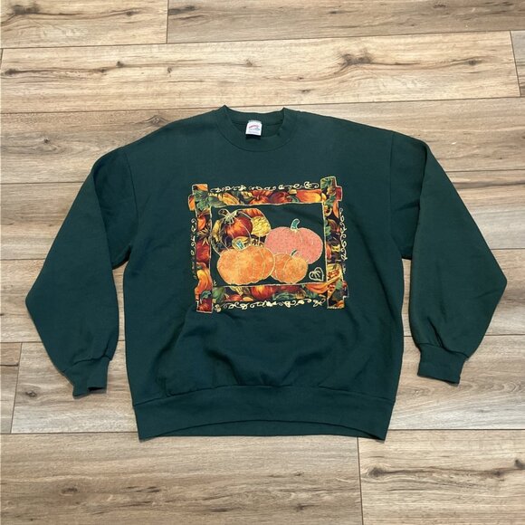 Vintage Jerzees Pumpkin Fall Sweatshirt SZ XL Green Leaves Border Glitter USA - Picture 1 of 11